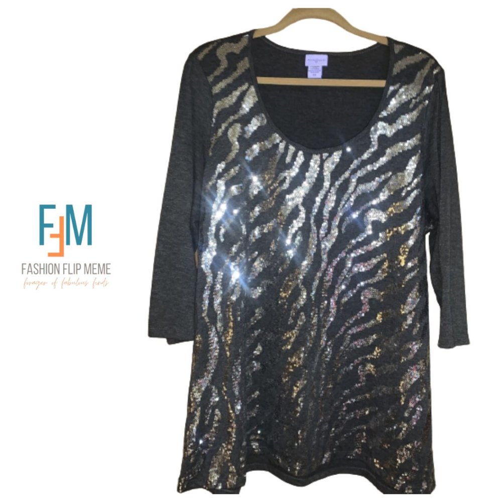 Gray & Silver Sequin Zebra Print Scoop Neck Knit Top 2X Vintage Jaclyn Smith